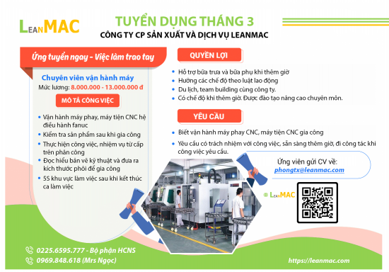 Tuyển Chuyên viên vận hành máy CNC T3 - 2022
